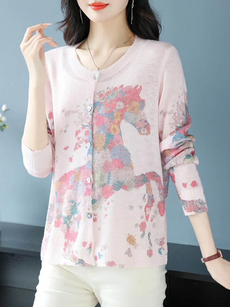 

Print Female Cardigan Autumn Spring Knitted Women Sweaters Korean Fashion Long Sleeve Tops Mohair Cardigans