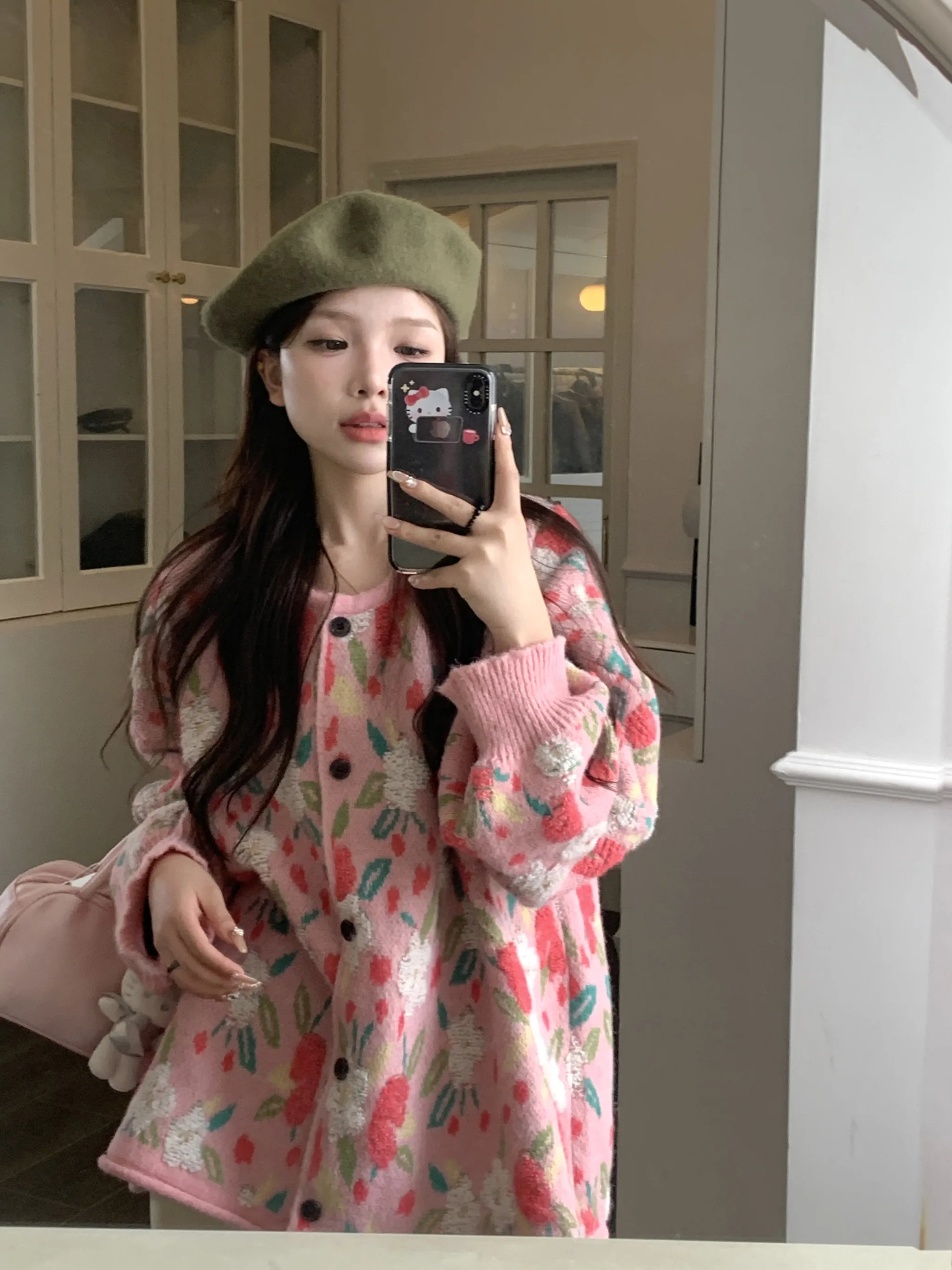 Chubby Girl High Sense Super Nice Idle Sle Sweater Women Autumn New Plus size Sweet Flower Pink Knitted Outerwear