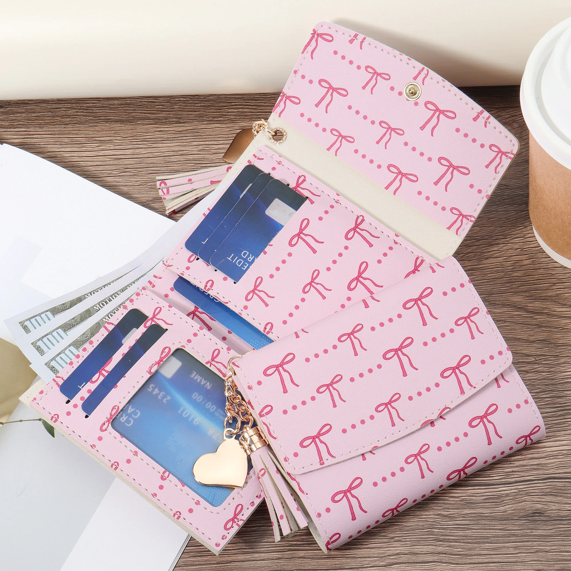 Fashion metal heart-shaped and tassel decorated small wallet coin pocket small wallet three fold women's wallet, women's bow pri