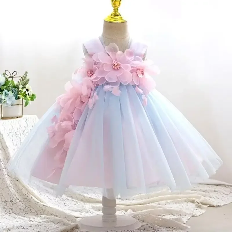 Summer Girls' Princess Party Birthday Dress Flower Strap Fairy Embroidered  Mesh Dress
