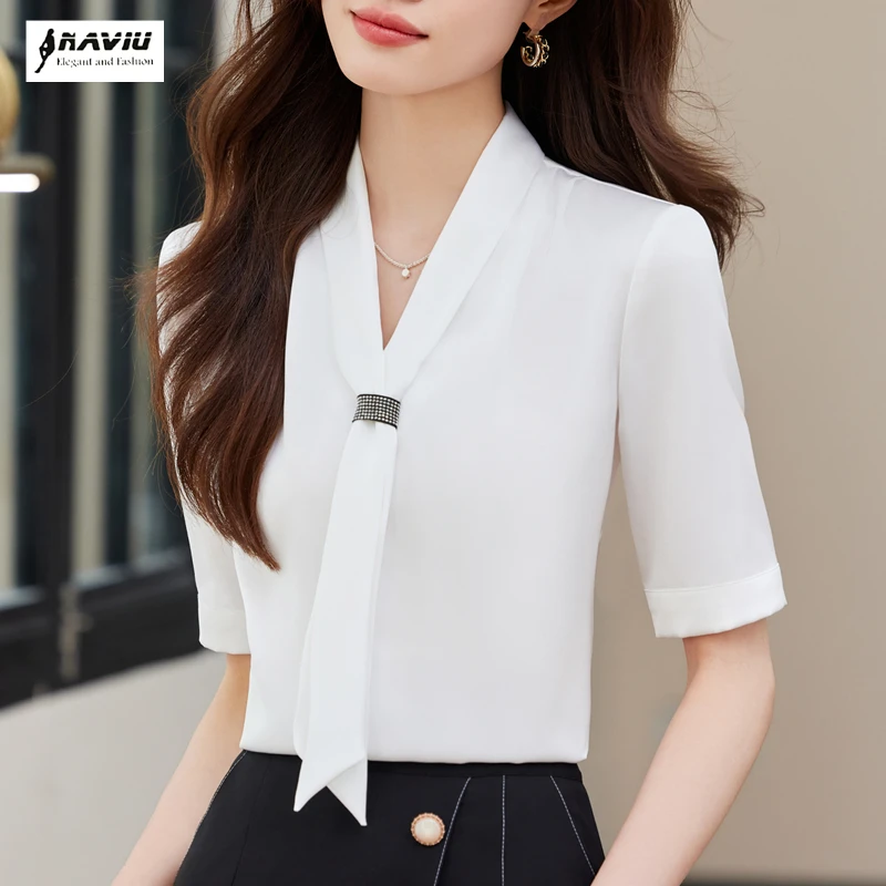 

NAVIU Elegant Women White Shirt Temperament Formal V Neck Half Sleeve Chiffon Blouses Office Ladies Casual Work Tops