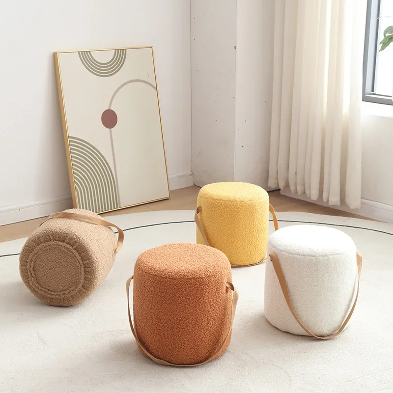 Lamb Velvet Small Round Stool Home Low Stool Living Room Sofa Coffee Table Stool Solid Wood Small