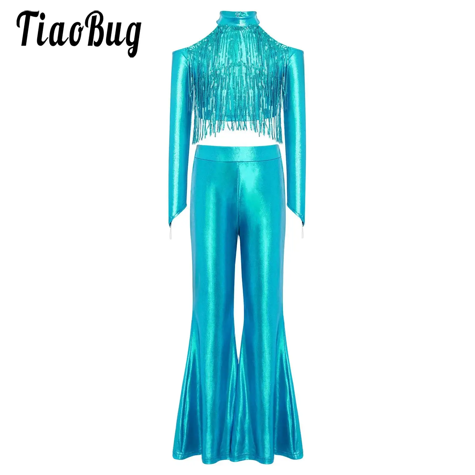 

Kid Girls Sparkly 70s Disco Tassels Jazz Tango Dance Outfit Cold Shoulder Long Sleeve Sequin Crop Top and Pants Cheerleader Suit