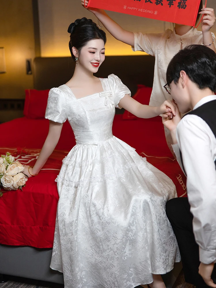 

White Engagement Dr Skirt Korean Sle Embroidered A-Line Midi Skirt Wedding Dr Small Brides Can Wear on Daily Basis