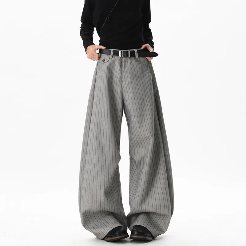 Grey Stripe Suit Pants Men Fashion Society Mens Dress Pants Korean Oversized Wide Leg Pants Mens Office Formal Trousers M-3XL