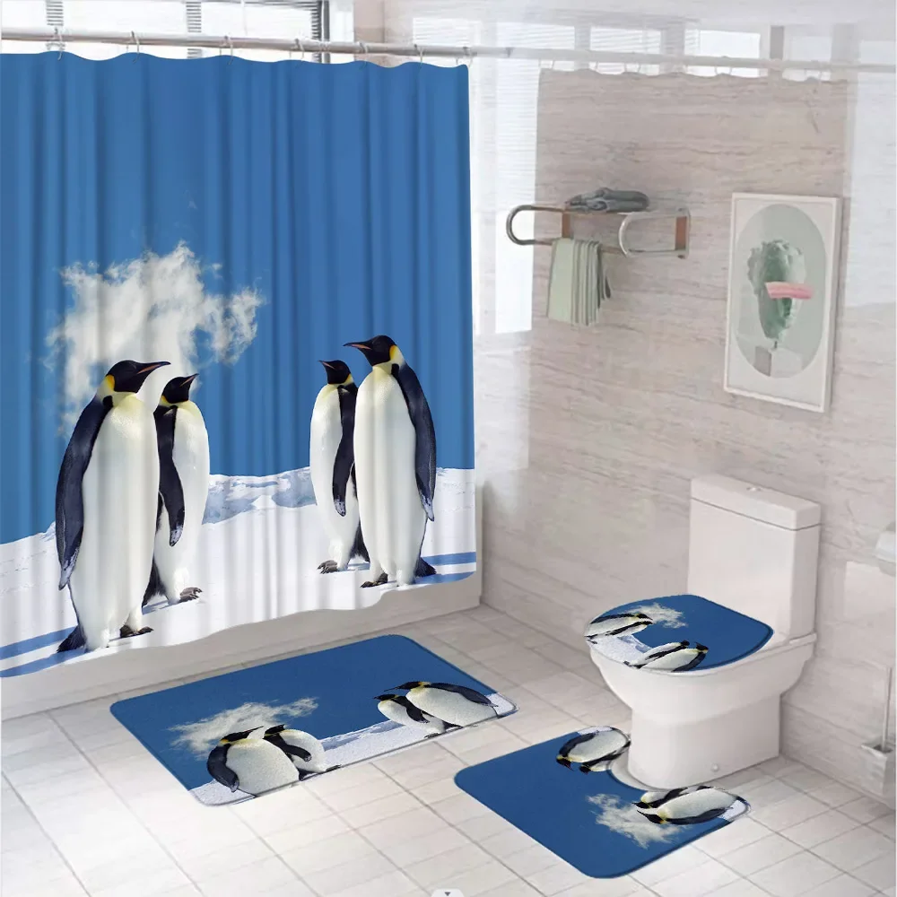 

Funny Penguin Shower Curtain Set Animal Antarctic Ice Field Nature Blue Sky Bathroom Curtains Non-Slip Bath Mat Rug Toilet Cover