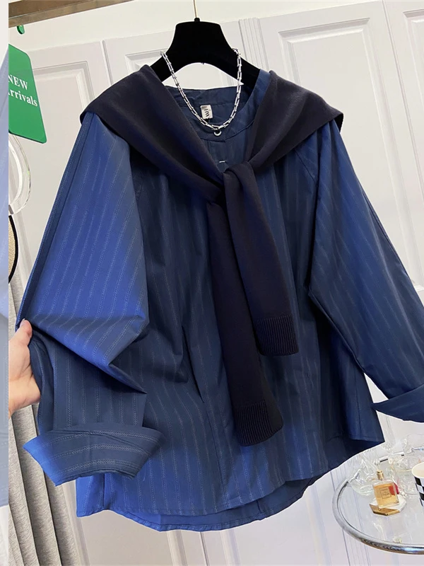 

Оверсайз с открытой передней частью в синюю полоску irt College Sle Ранняя осень Aosphere Feeling Long Sve круглый Ne Хлопковые женские S...