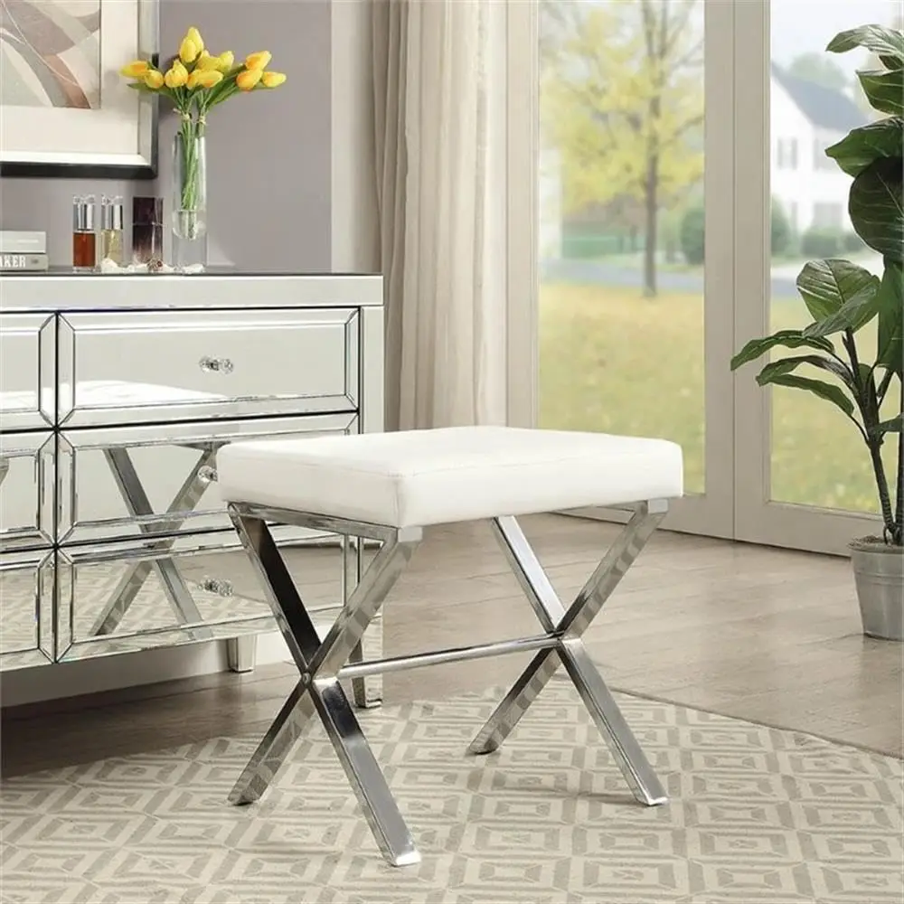 Modern Vanity Bench Chrome X-Base White Faux Leather Tufted Cushion 20