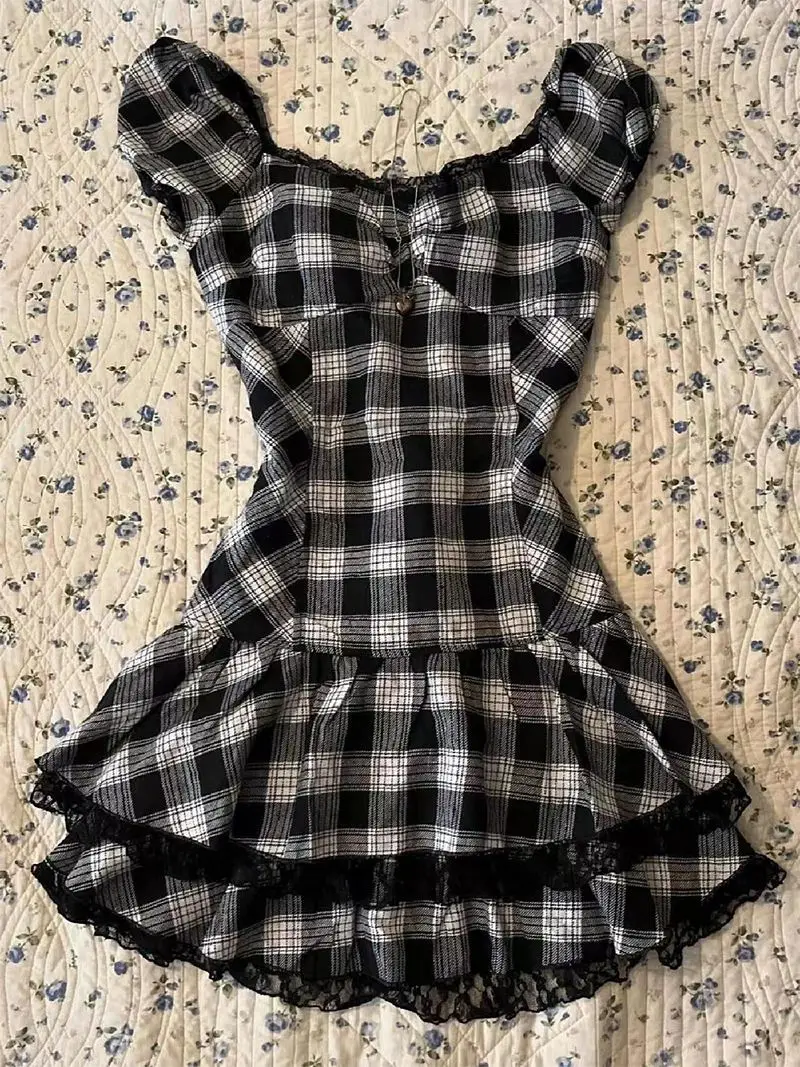 Frauen kleider y2k Harajuku Gitter Vintage ärmellose Gothic Punk Sommerkleider schlanke Spitze sexy Korea Mode kurzes Kleid