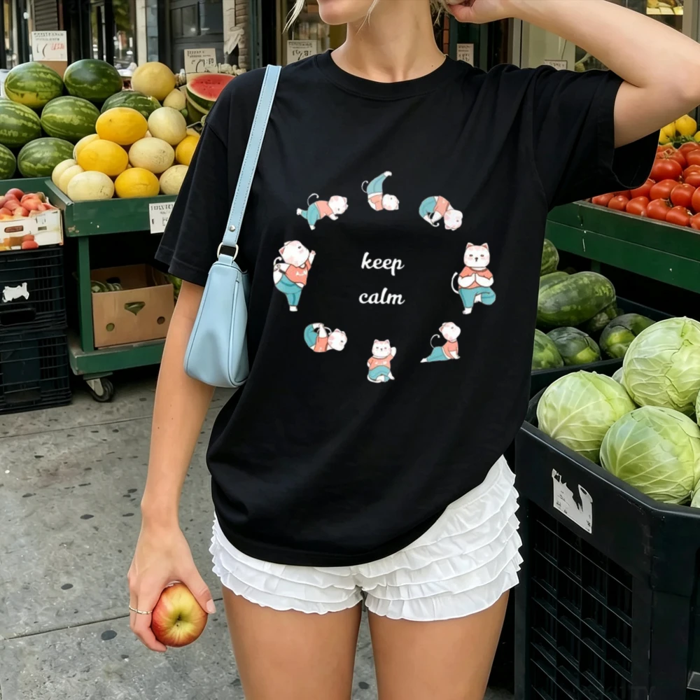 Women Keep Calm Yoga Cat Circle Graphic T Shirt Cute Cartoon Kitten Various Yoga Poses Print Tee Casual Cotton Meditation Blouse