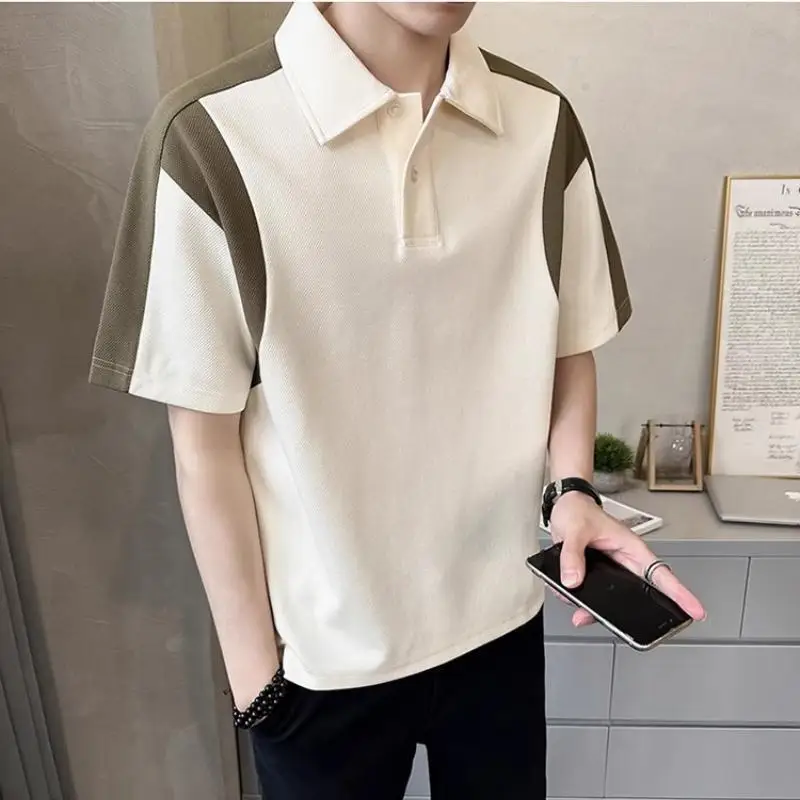 

Высококачественная летняя футболка с короткими рукавами, мужская модная брендовая пуловер с воротником, рубашка поло с цветными блоками и рубашкой с половиной рукавов