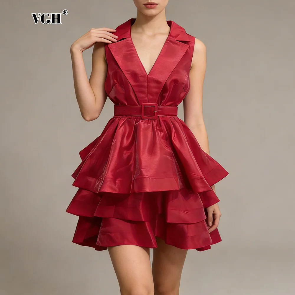 

VGH однотонное вечернее мини-платье с поясом для женщин с зубчатым воротником без рукавов в стиле пэчворк с оборками, офисные женские платья, женские новые