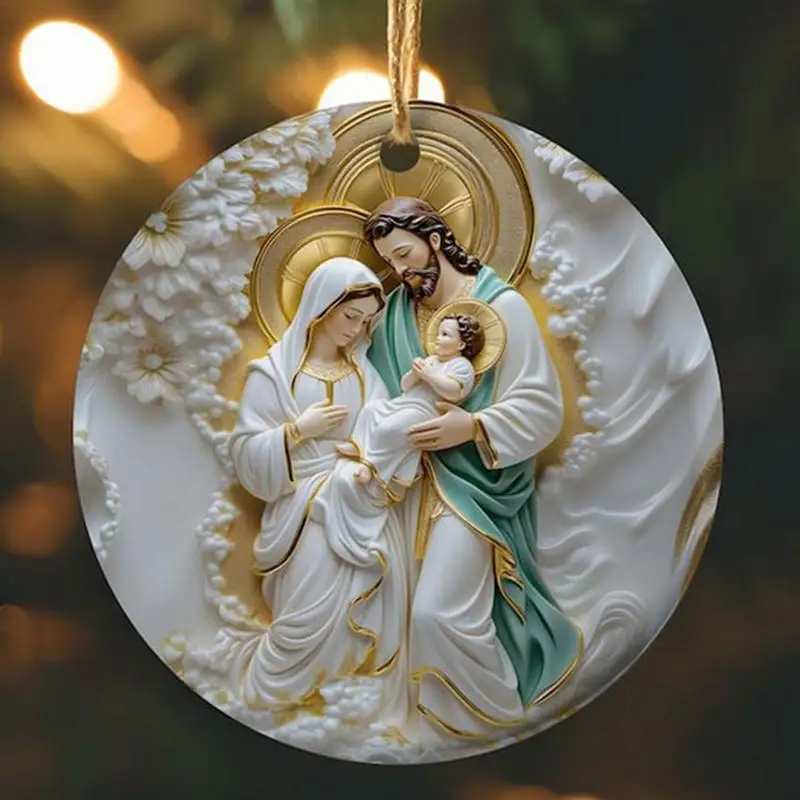 Dekorasi Natal Katolik cetak 3D bulat liontin adegan kelahiran akrilik hiasan Natal 4in ornamen natal
