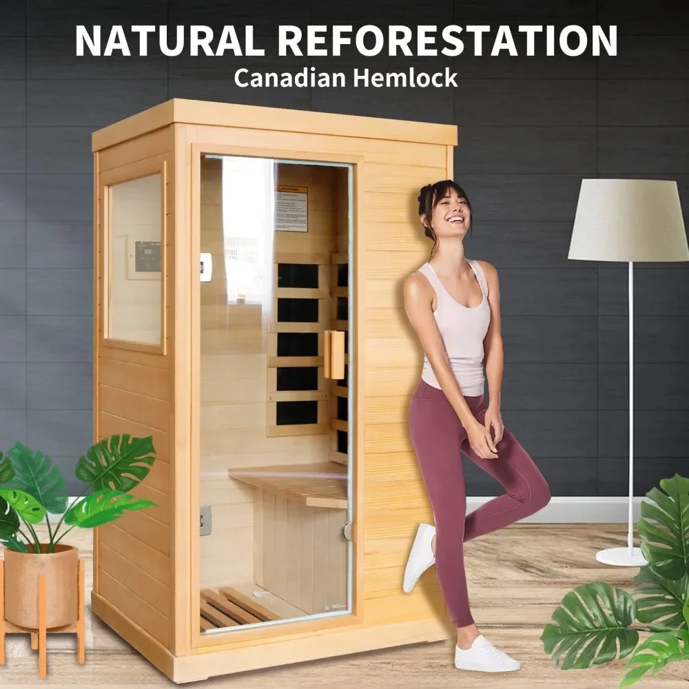 Sauna infravermelha distante, sauna doméstica, 800w/110v, baixo emf, madeira canadense hemlock, sauna seca interna para casa com painel de controle