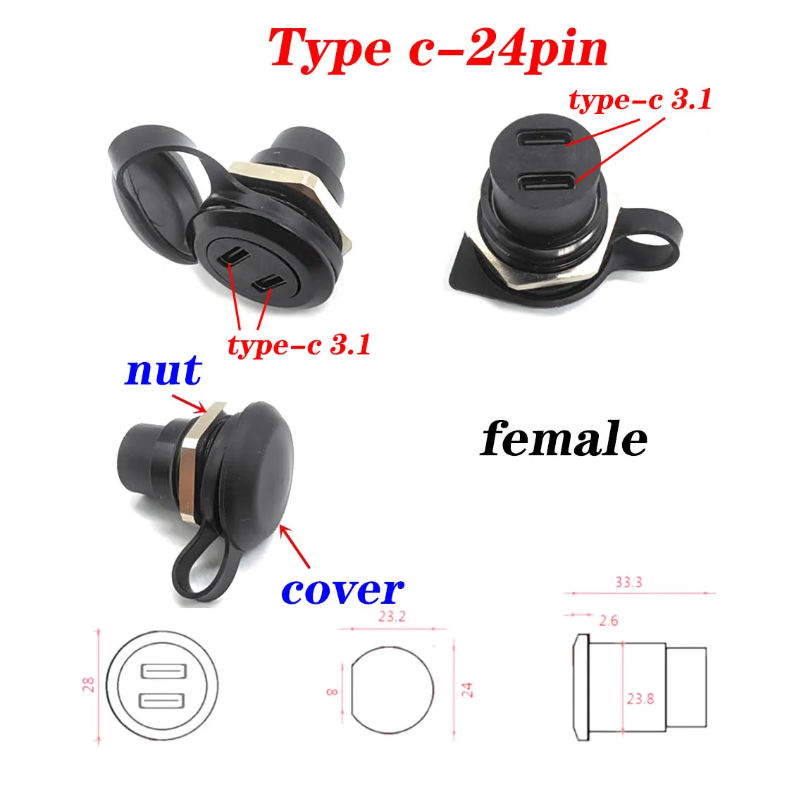 2Pcs Metal Round Socket Module D Type Straight Through Network TYPE-c3.1 USB2.0 USB3.0 Connector Panel Mounting