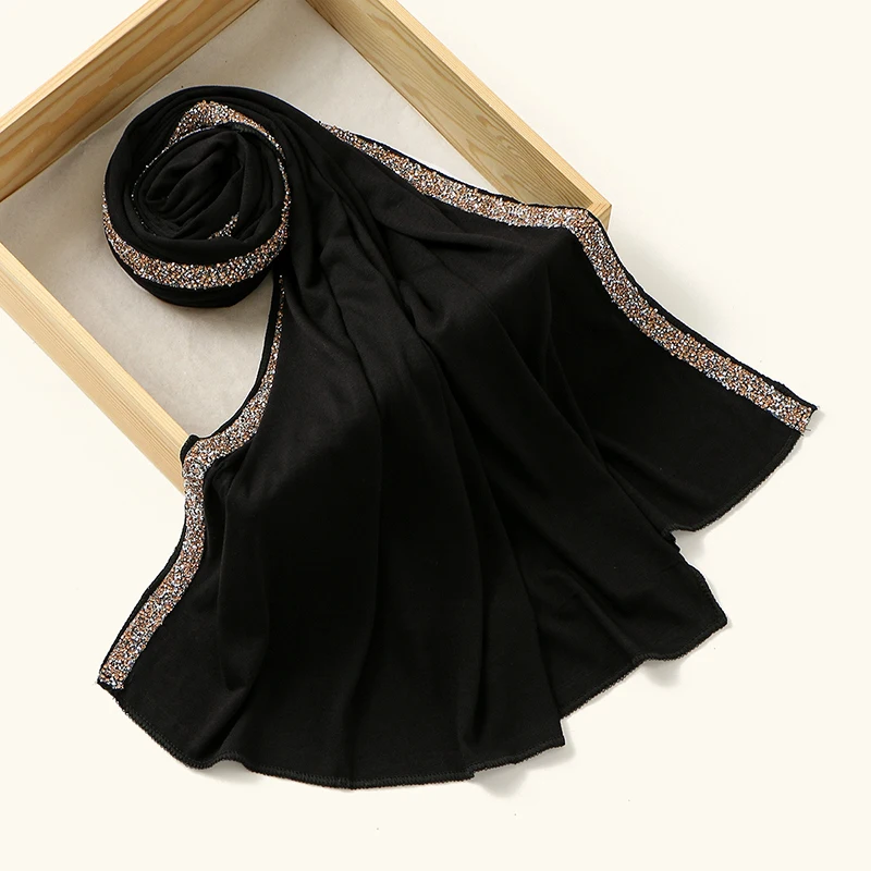 무슬림 여성용 쉬폰 히잡 스카프, 롱 솔리드 컬러 헤드랩, 여성용 헤드스카프, 핫픽스 라인스톤 저지 히잡