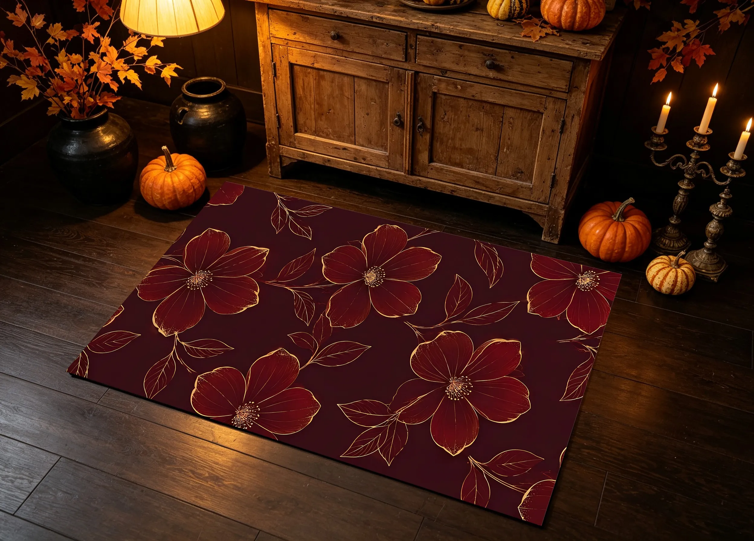 Wine-Red and Gold-Painted Floral Velvet Rug, a Luxurious Retro Style, Perfect for the New Year, Living Room, Bedroom, and Bedside, Creating a Warm and Inviting Autumn/Winter Atmosphere