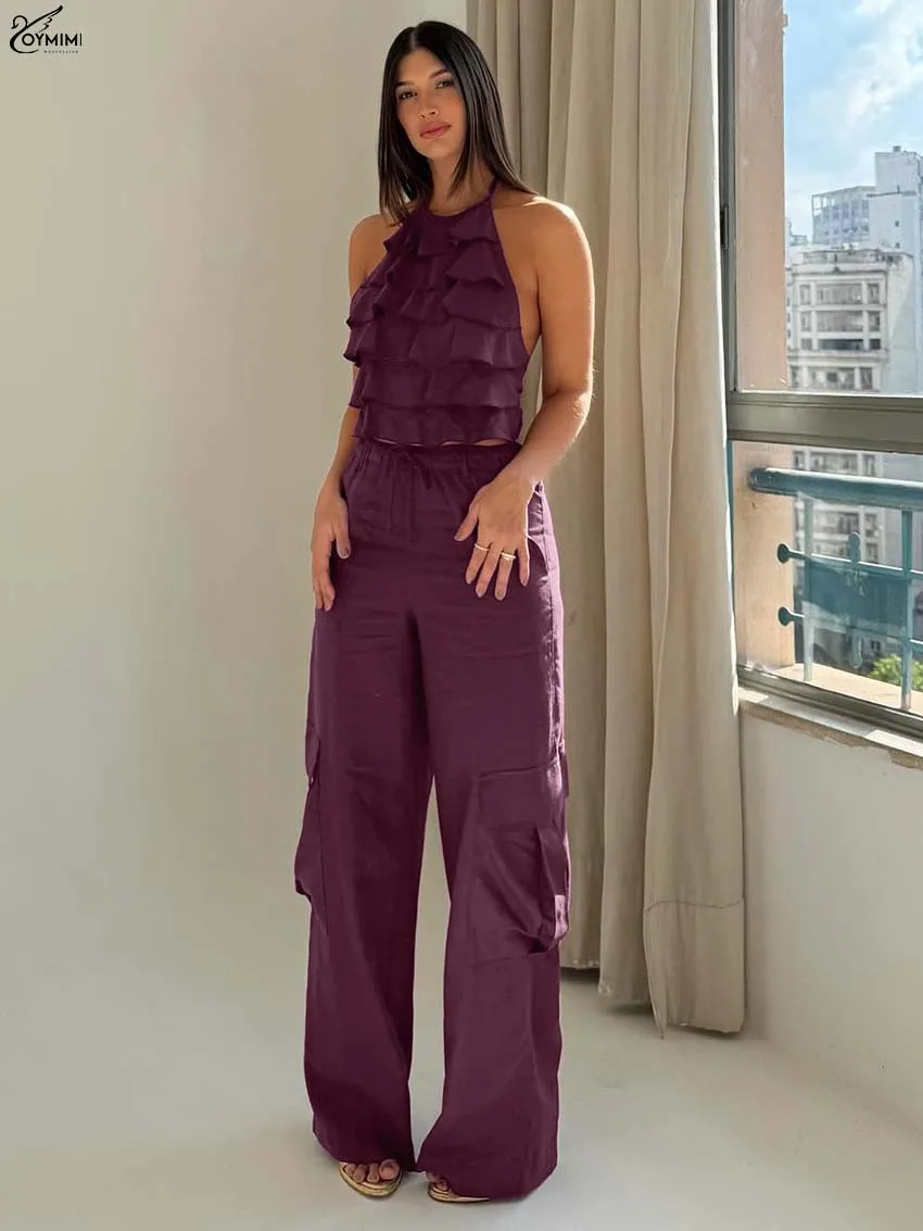 Oymimi موضة النبيذ الأحمر القطن 2 قطعة مجموعة للمرأة عادية الرسن الرقبة تكدرت مفتوحة الظهر الدانتيل متابعة القمم و الرباط فستان أطفال مع سروال داخلي