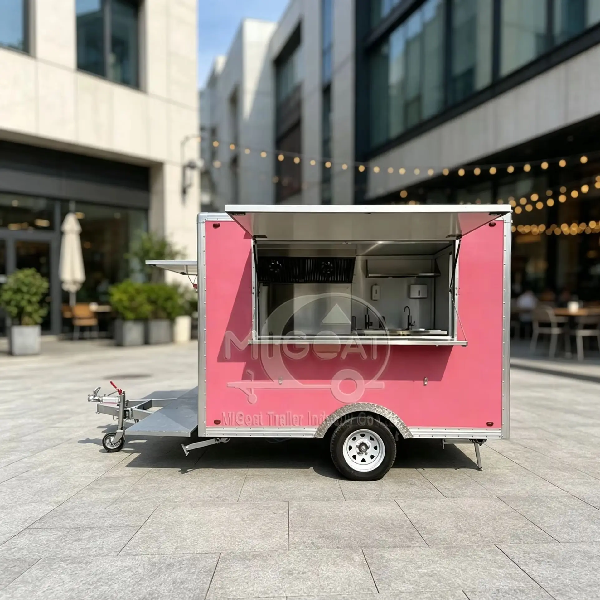High Quality Pink Mobile Food Trailer With Dual Service Hatches Stainless Steel Workbench Sink Vent Hood For Outdoor Food