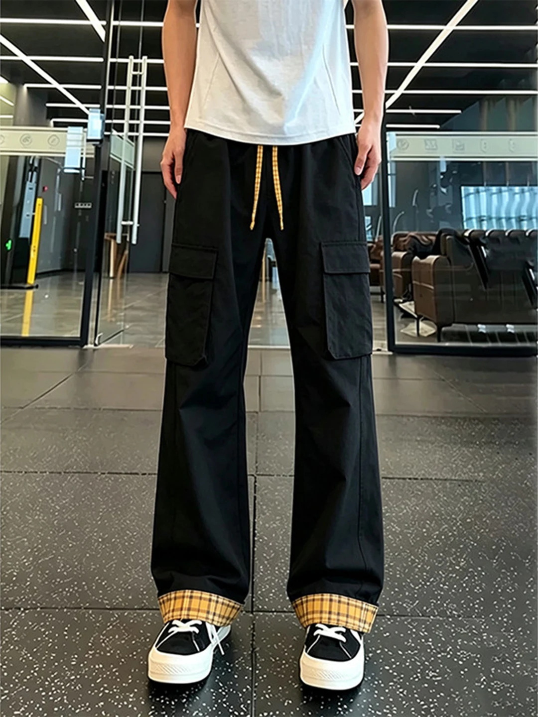 American Style Plaid Splice Quick Dry Men's Summer Thin Straight Casual Pants Multi Pocket Loose Wide Leg Work Trousers