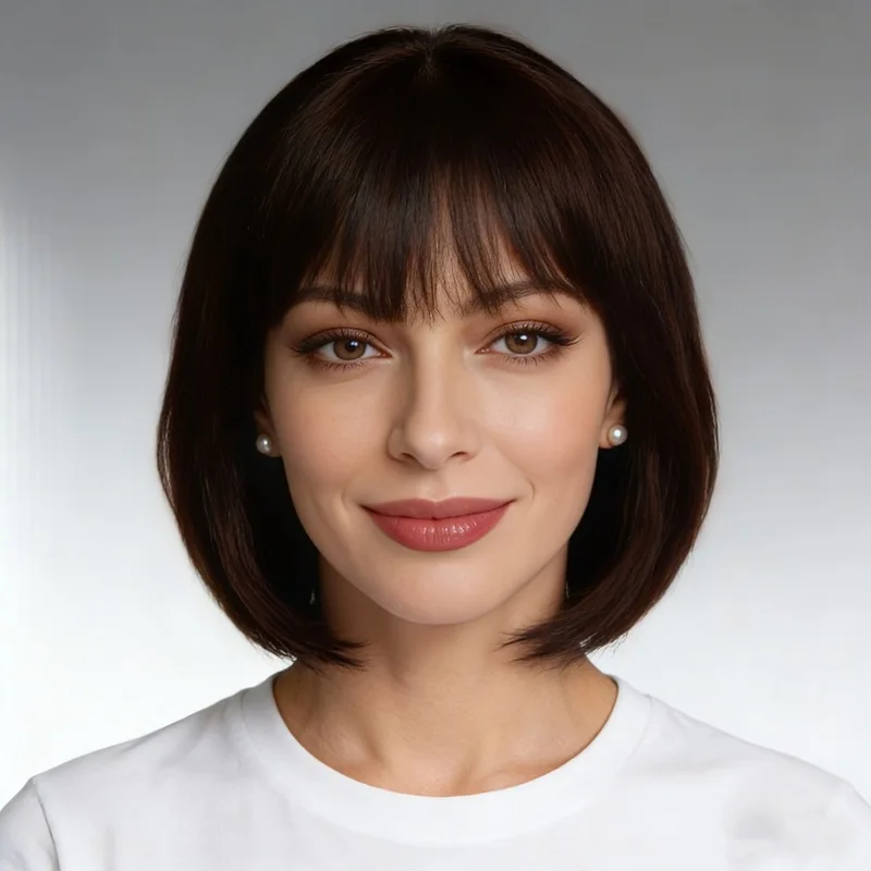 Air bangs stylish trendy short bob wig brown full head wig