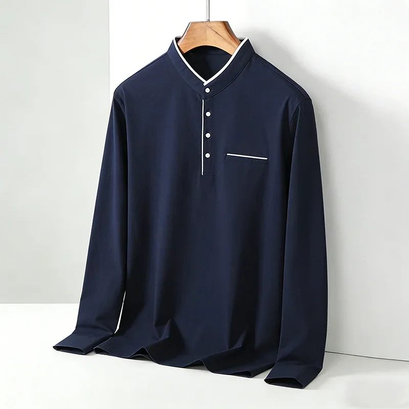 Herrenhemd mit Stehkragen, Langarm, Regular Fit, Lässig, Weich, Atmungsaktiv, Modisch, Trendig, Alltägliches Business-Casual-Oberteil für Männer