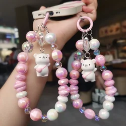 Mobile Phone Strap Wrist Strap DIY Handmade Bead Pink Mobile Phone Strap Chain Cartoon Teddy Bear Keychain Cute Phone Charm