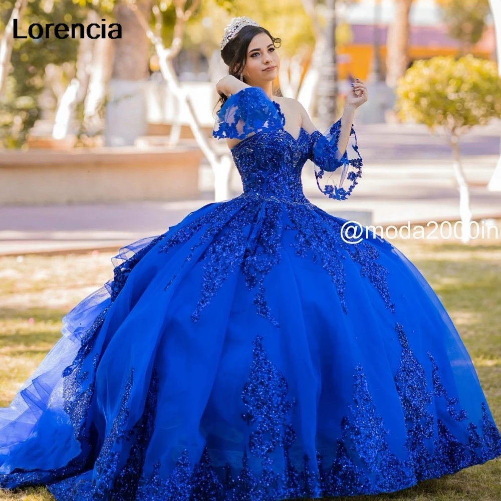 Lorencia-vestido De quinceañera azul real con purpurina, vestido De baile, apliques De encaje con cuentas y volantes, corsé dulce 16, 15 Años, YQD973