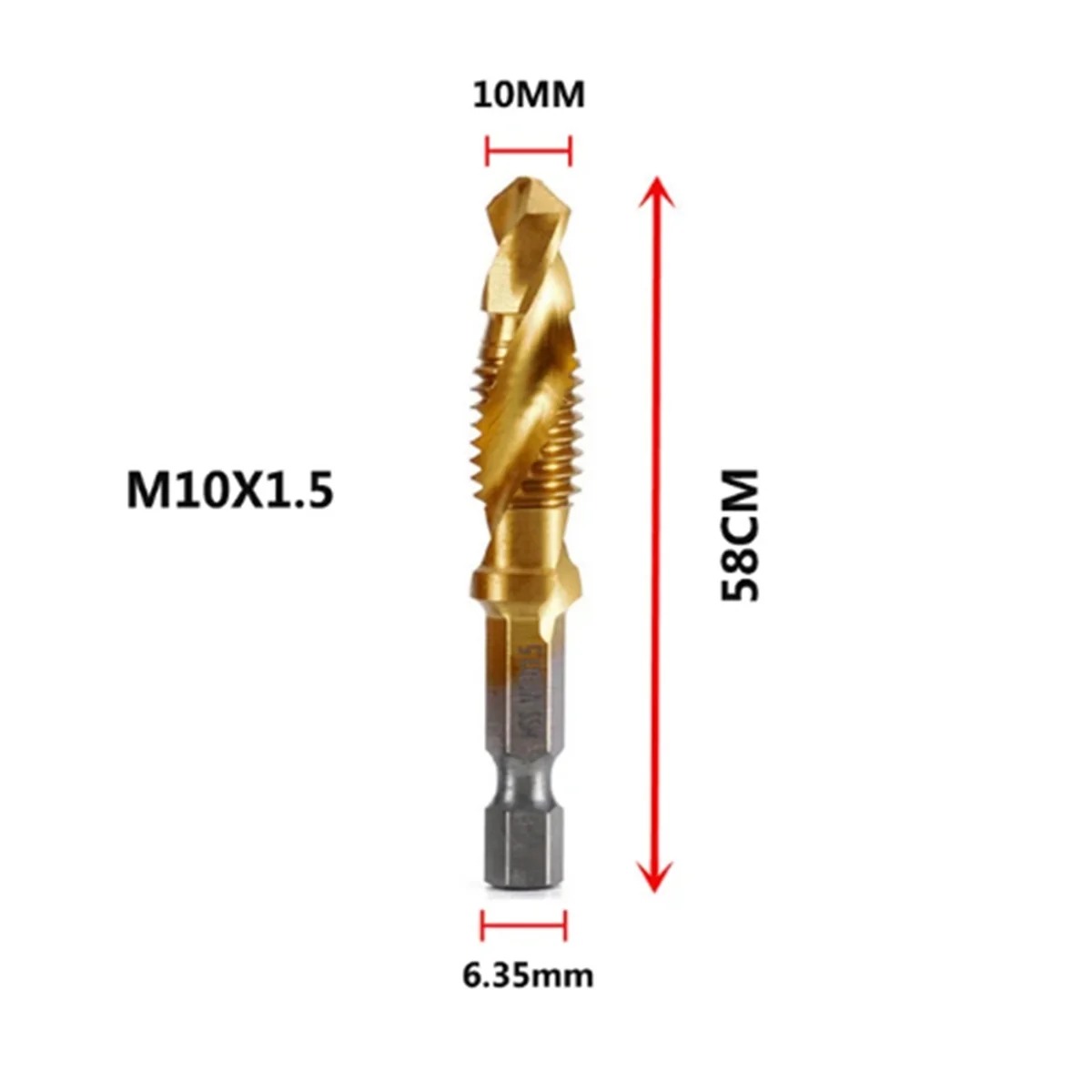 Brocas de titânio chapeado Hex Shank, Torneira métrica de rosca, Torneira composta, Ferramenta de chanfro aberto, HSS, M10 x 1.5mm