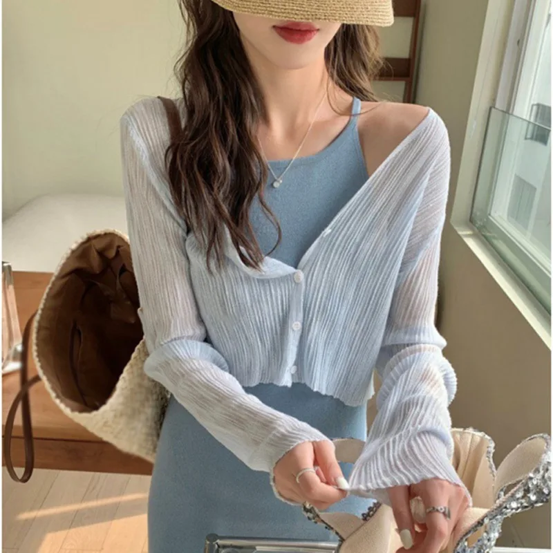 Summer Ice Silk Thin Outerwear Sun Protection Cardigan Knit Women Short Tops Bow Lace Up Short Suspender Skirt Shawl Coat