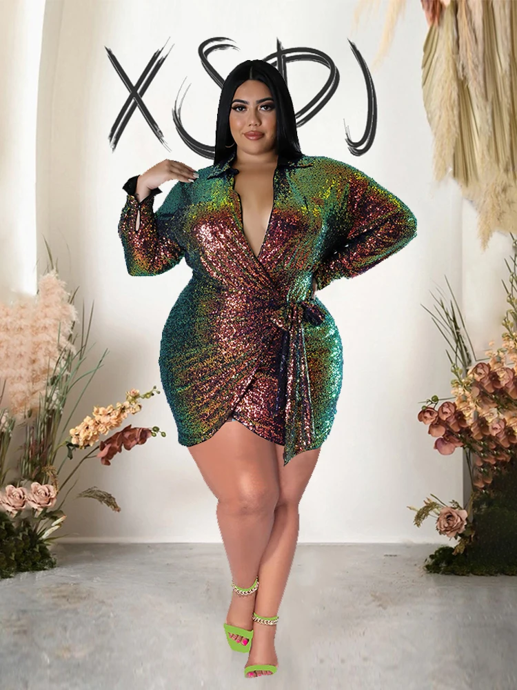 Elegante e bonito vestido curto de lantejoulas feminino, vestidos de festa sexy, plus size, atacado, Dropshipping