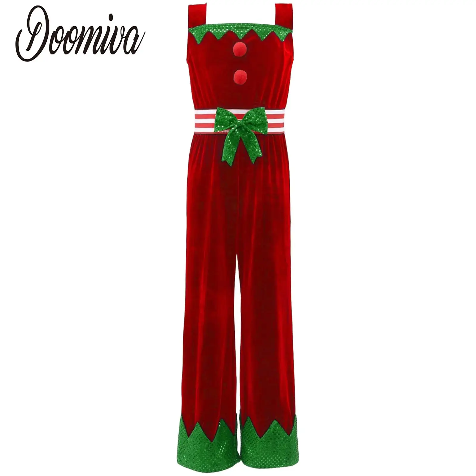 

Girls Christmas Elf Costumes Leotards Jazz Dance Dresses Sleeveless Shoulder Straps Pompom Jumpsuit for Xmas Satan Claus Party