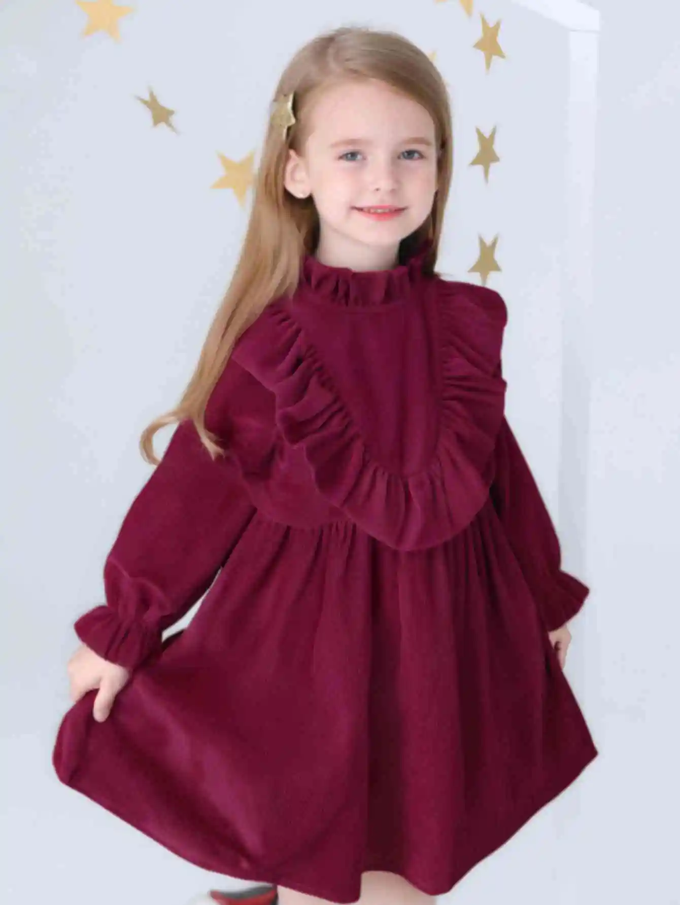 Winter children\'s dress girls sweet and cute comfortable Burgundy corduroy flared sleeves with collar ruffled front dress