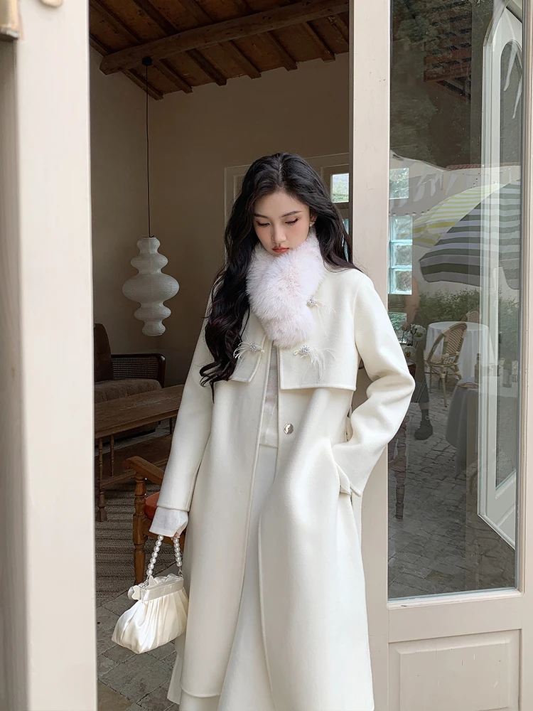 

Двустороннее шерстяное пальто женское с поясом, элегантное, для повседневной носки, 100% шерсть, длинное, круглый вырез, модель Sle 00