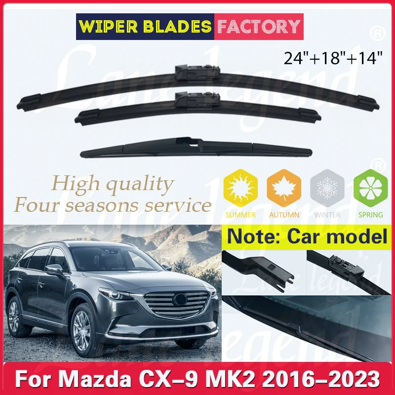 

For Mazda CX-9 CX9 MK2 2016 - 2023 Car Front Rear Wiper Blades Windshield Windscreen Window Brushes 24"+18"+14" Car Accessories