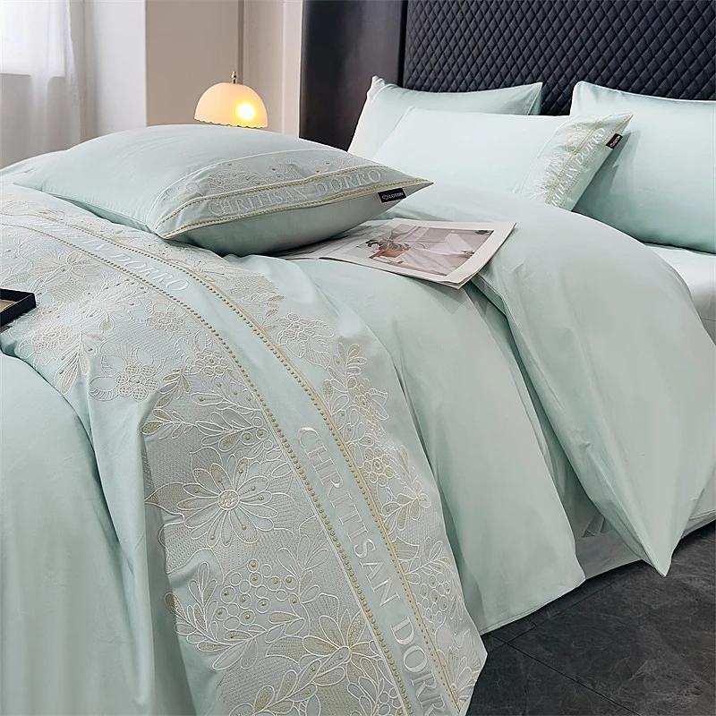 Four-piece soft skin-friendly solid color high-grade flower letter pattern embroidery light luxury household quilt cover bedding