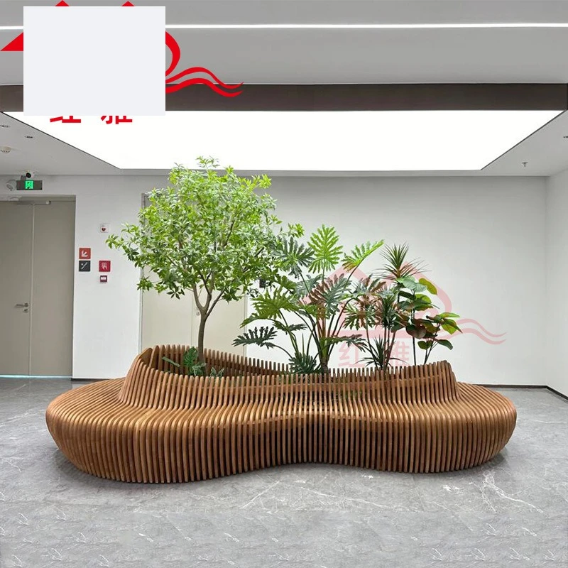 Solid wood sliced flower pool shopping mall landscaping large flower bed sitting stool curved tree seat indoor leisure chair