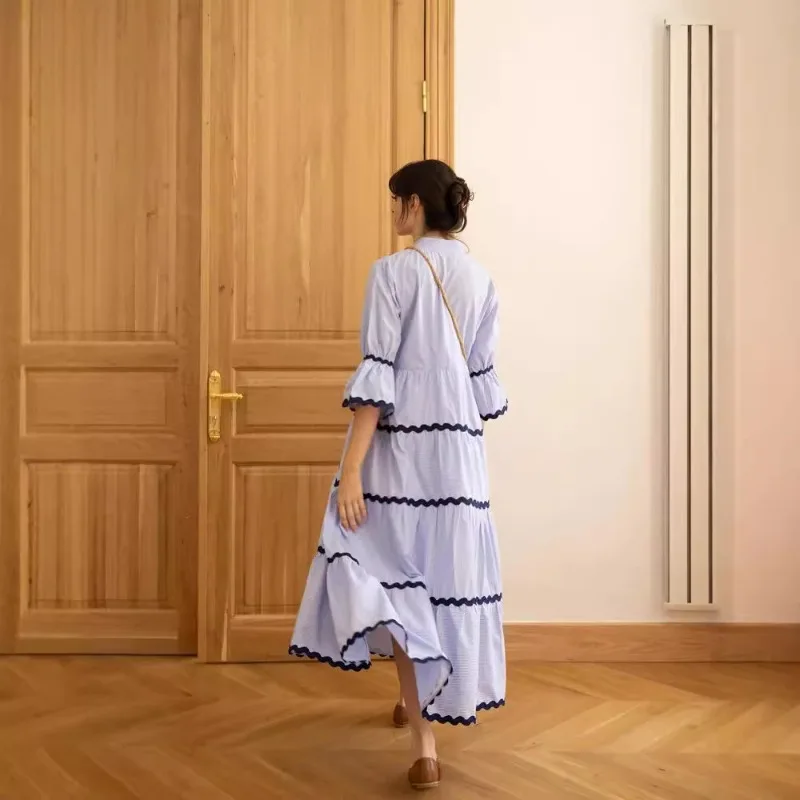 Sommer Frauen Lose Böhmischen Strand Kleid Elegante V-ausschnitt Geraffte Flowy Plissee Urlaub Urlaub Boho A-linie Langes Kleid