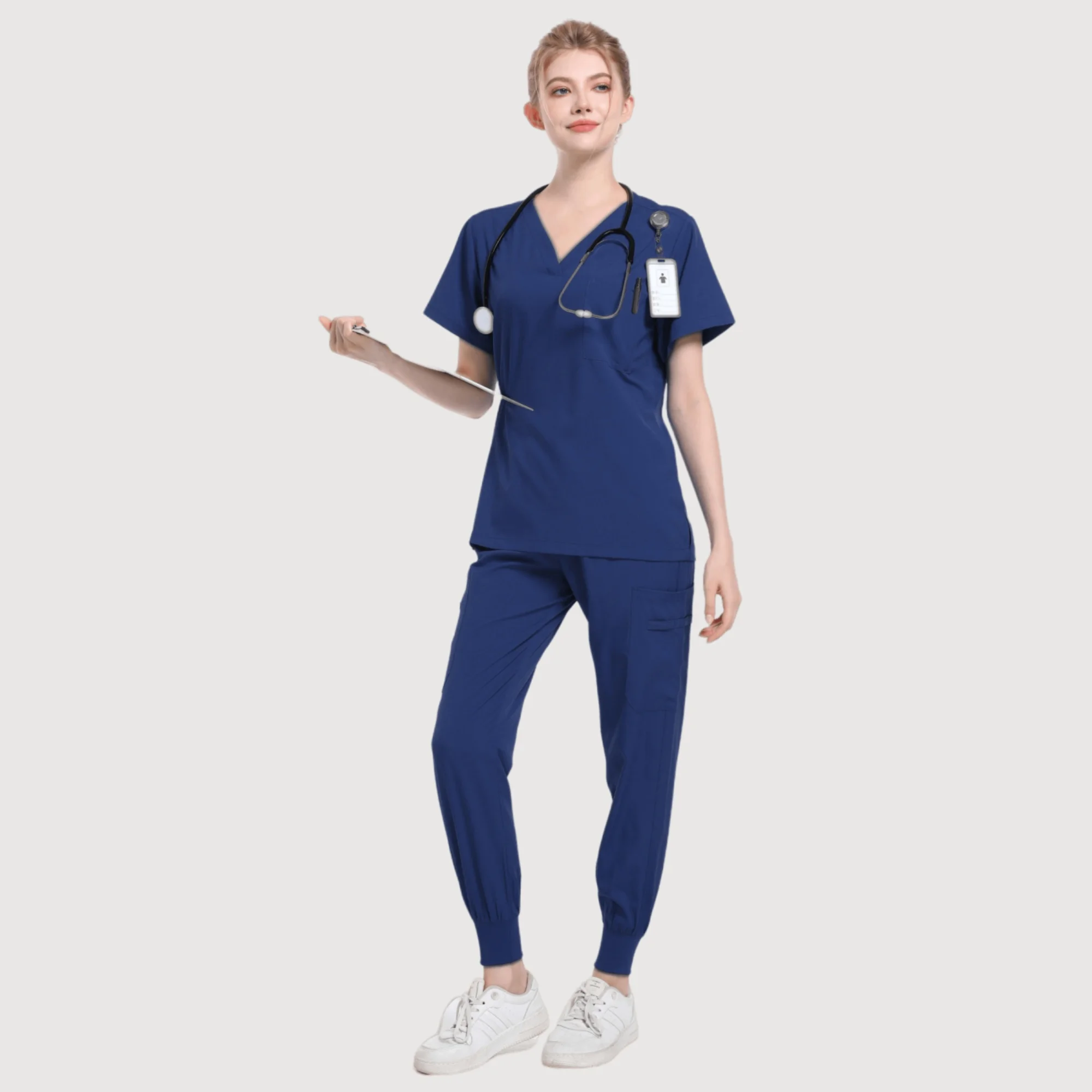 Multicolor Manga Curta V-Neck Top e Bolso Calças Set, Enfermeira Scrubs, Roupas Médicas Clínicas, Ternos Jogger, Médico Enfermagem Uniformes