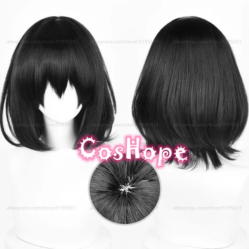 Misaki Mei Peluca de Cosplay Unisex, pelo corto Bob, negro, Anime, resistente al calor, sintético, 35cm