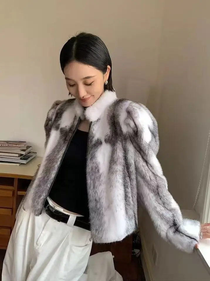 Genuine Real Rabbit Fur Jacket Women Stand Collar Zip Up Long Sleeve Short Style Warm Winter Fashion New Outer Top