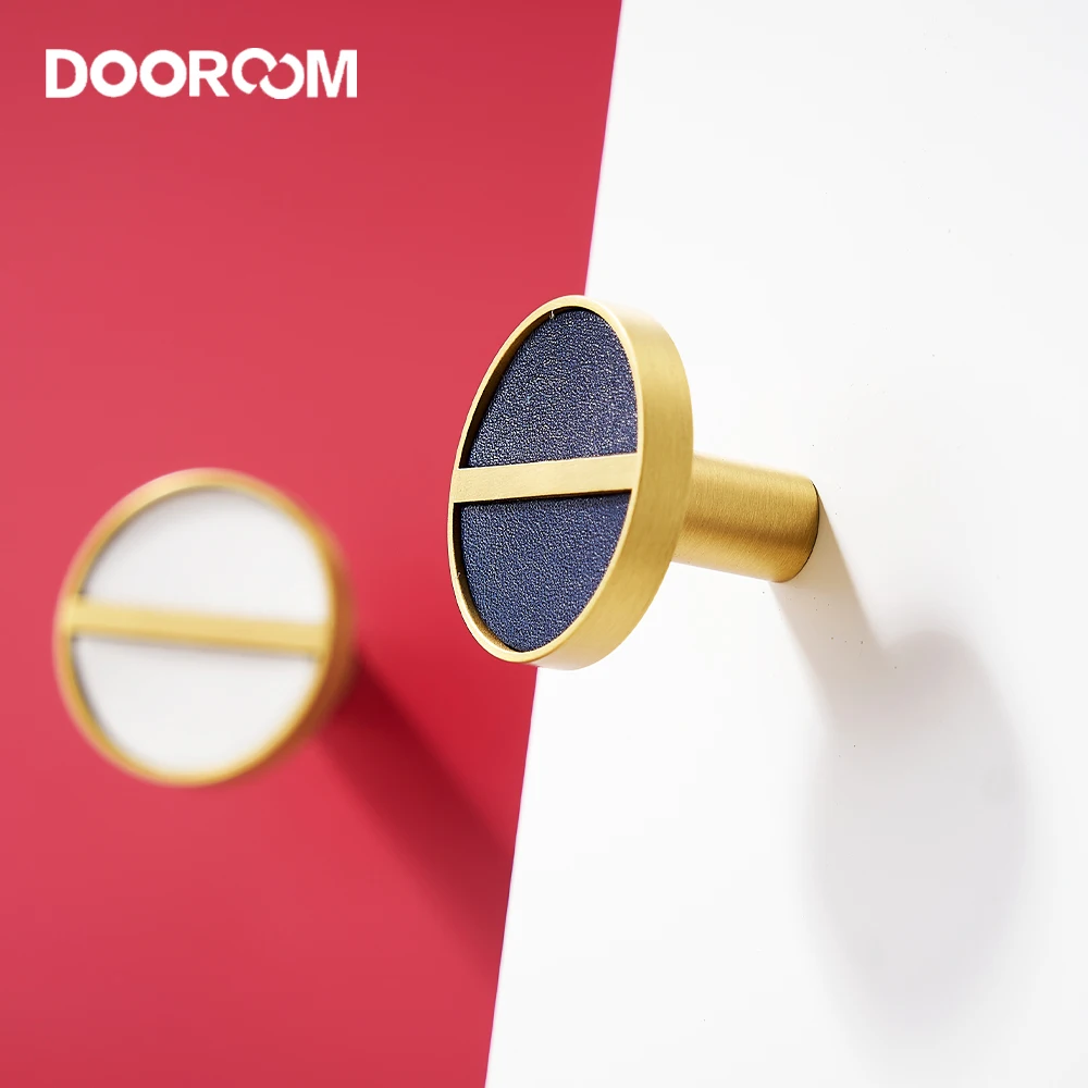 

DOOROOM Simple Round Furniture Handles Brass Genuine Leather Fashion Cupboard Wardrobe Dresser Shoe Box Drawer Cabinet Knobs