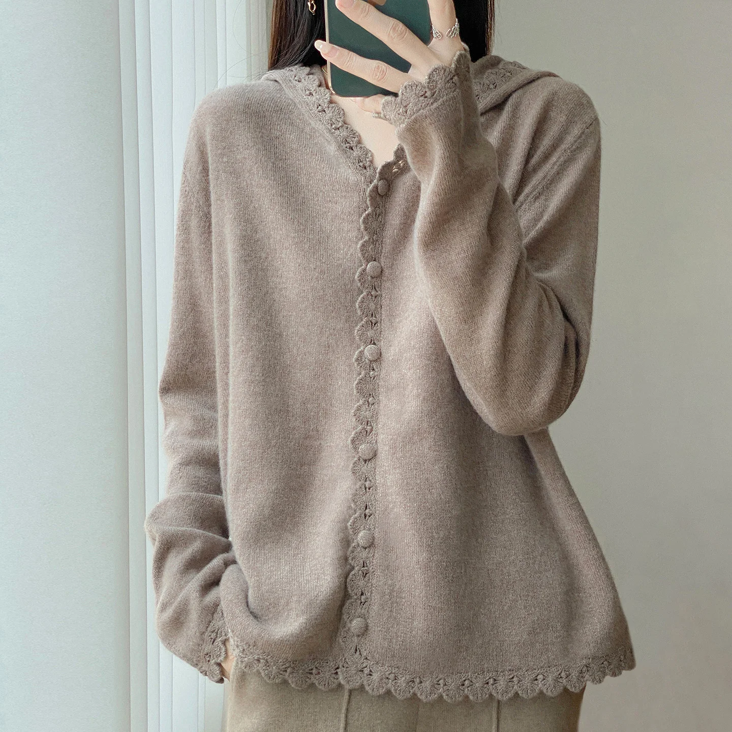 100% Premium Merino Wool Women Sweater Cardigan Elegant Hooded Scalloped Crochet Edge Long Sleeve Casual Commuter Fall Winter