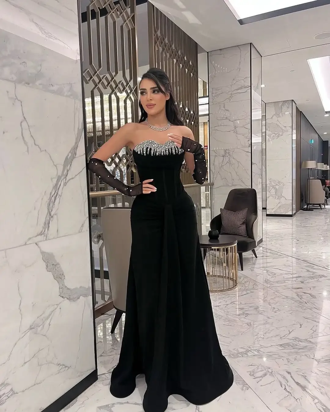 Customized Evening Dresses Long Saudi Beadings Black Prom Dresses vestidos de novia Zipper Floor Length High quality Retro