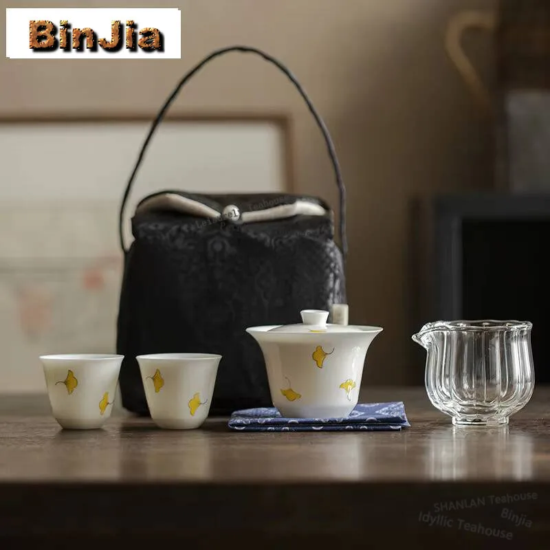 

Ручная роспись Ginkgo крышка чаша набор уличный портативный хлопковый пакет чайный набор традиционный 1 миска 2 чашки чайница Сумочка украшение