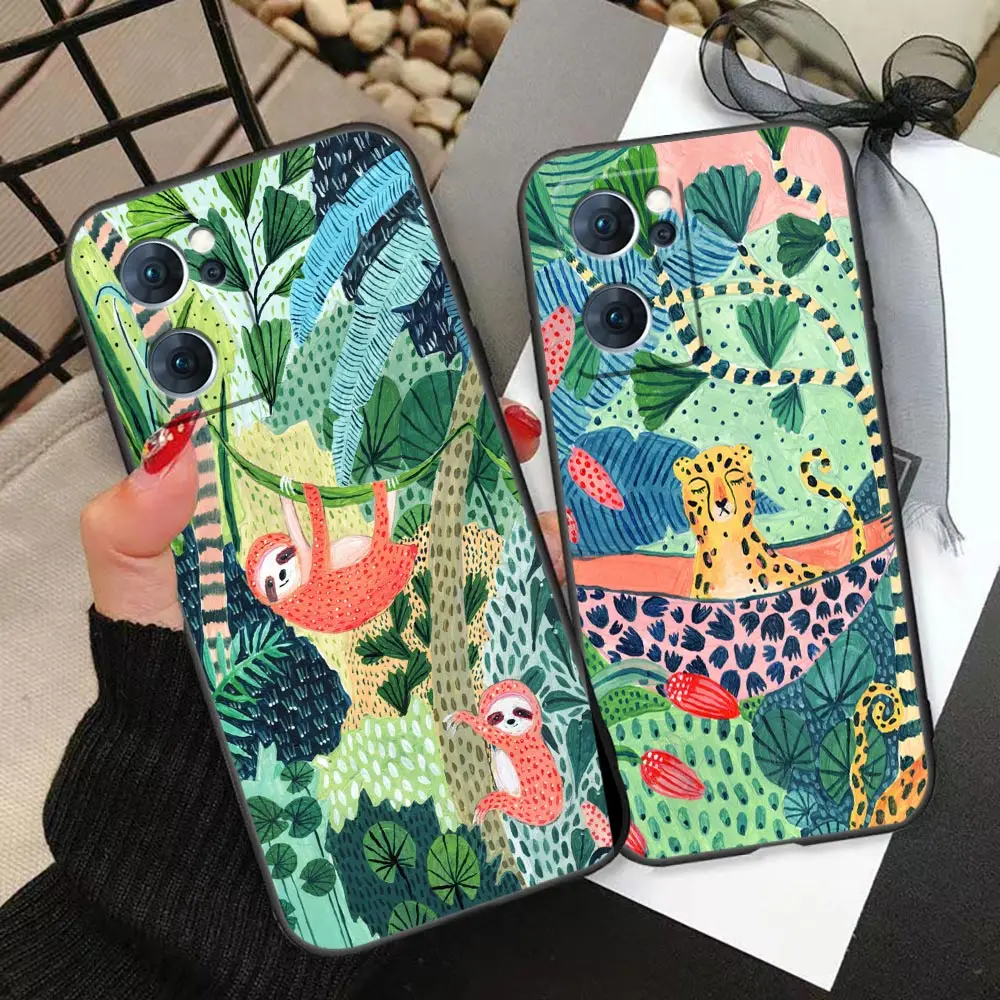 Art Cartoon Anime Sloth Leopard Phone Case For OPPO Reno 10 8 8T 7 7Z 6 5 5F 4 FIND X5 X3 X2 Pro Plus Lite 5G Black Soft Cover