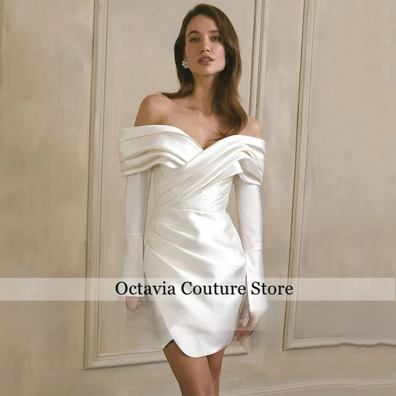 Customized Short Wedding Dress Detachable Long Sleeves Off Shoulder Pleat Civil Bridal Gown Corset Back Bride Dresses