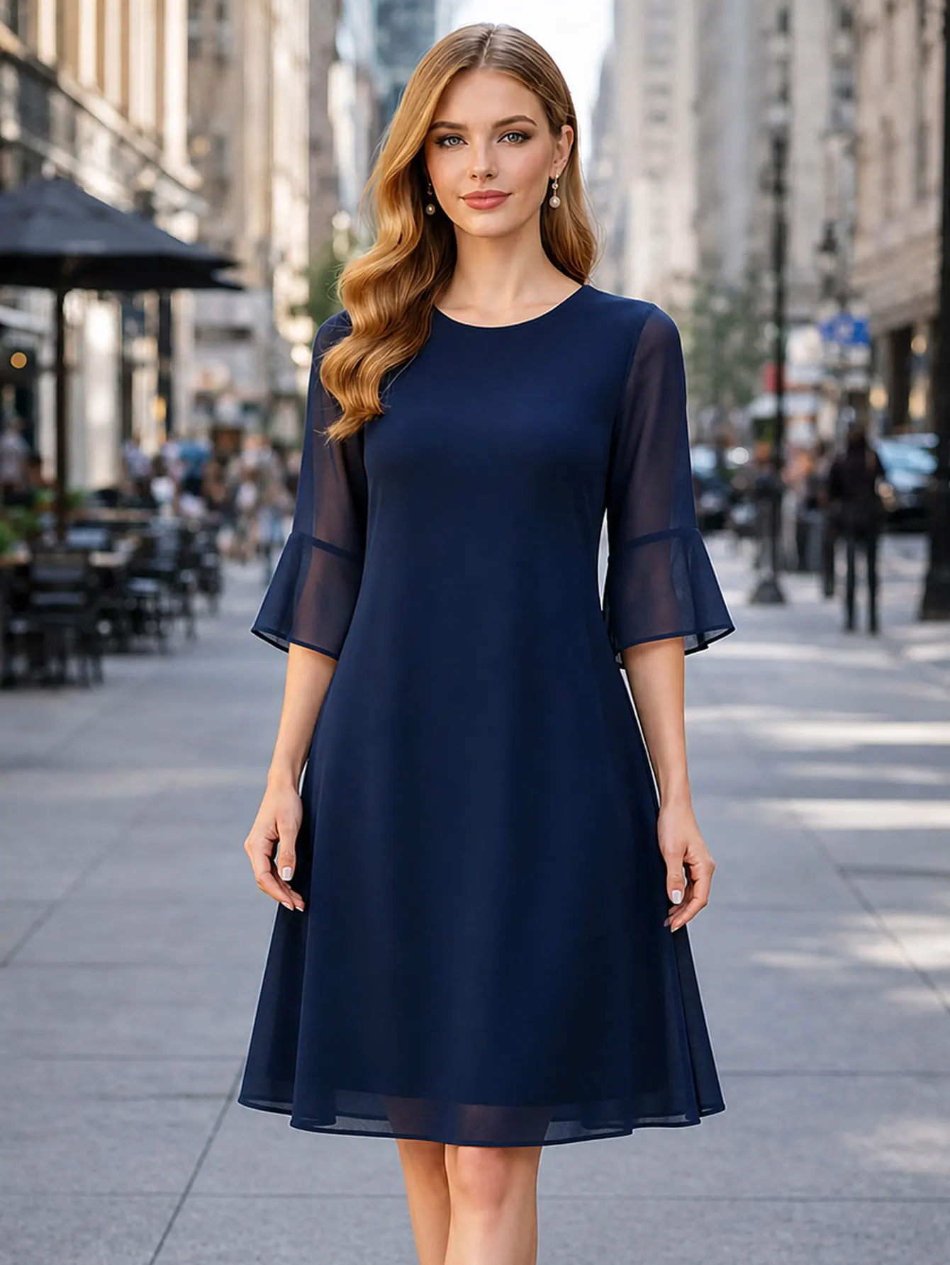 Elegantes Damenkleid in Unifarbe mit O-Ausschnitt, Glockenärmeln, Freizeit-Cocktailkleid, Knielang, A-Linie, Abendkleid – Detail 1