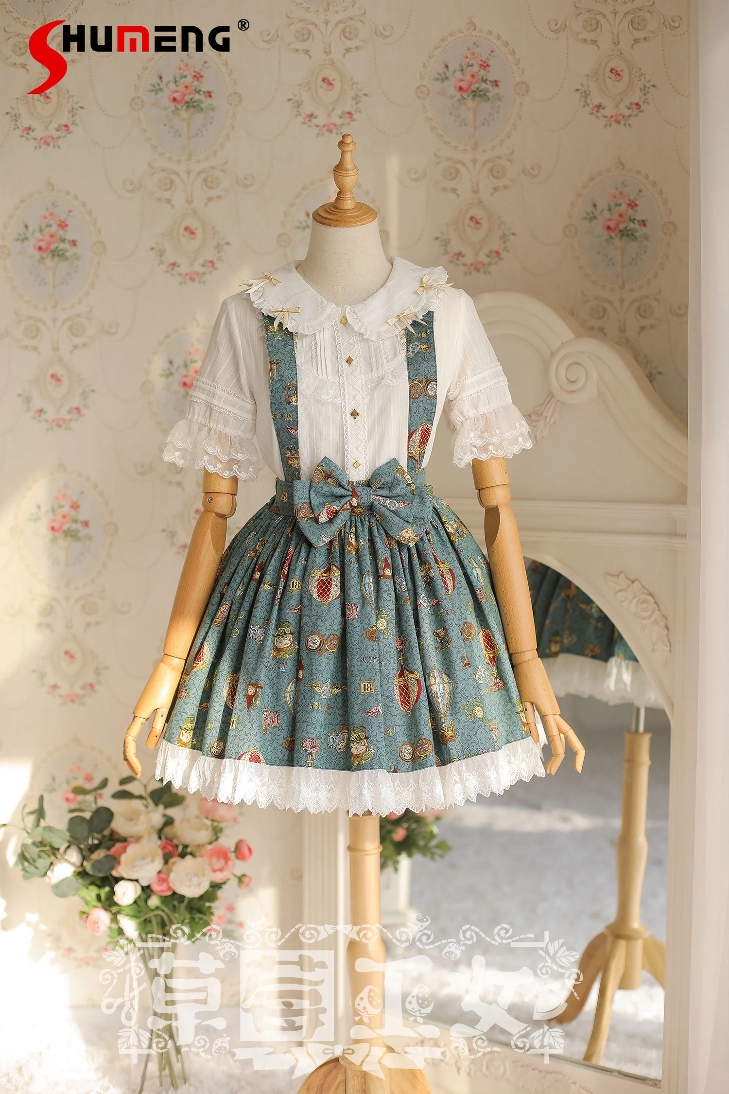 

Japanese Style Sweet Cute Girl Lace Splicing Print High Waist Bow A-line Pleated Strap All-match Lolita Mini Skirt Women Summer