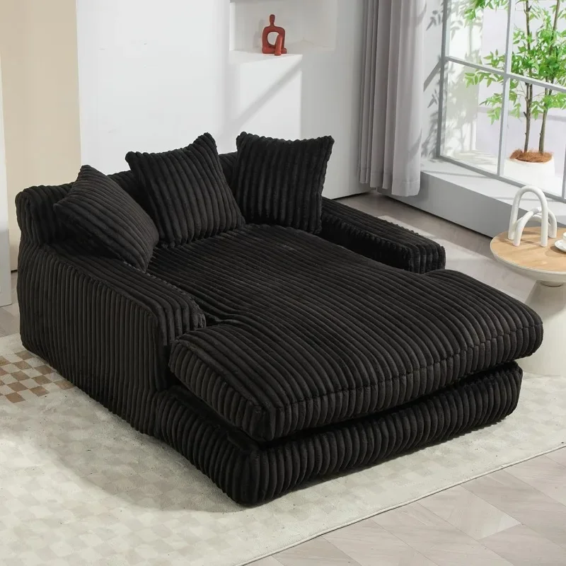 Oversized Chaise Lounge Chair, Comfy Corduroy Fabric Sofa, Upholstered Reading Floor Sofa with Pillows, Frameless Sofa Bed